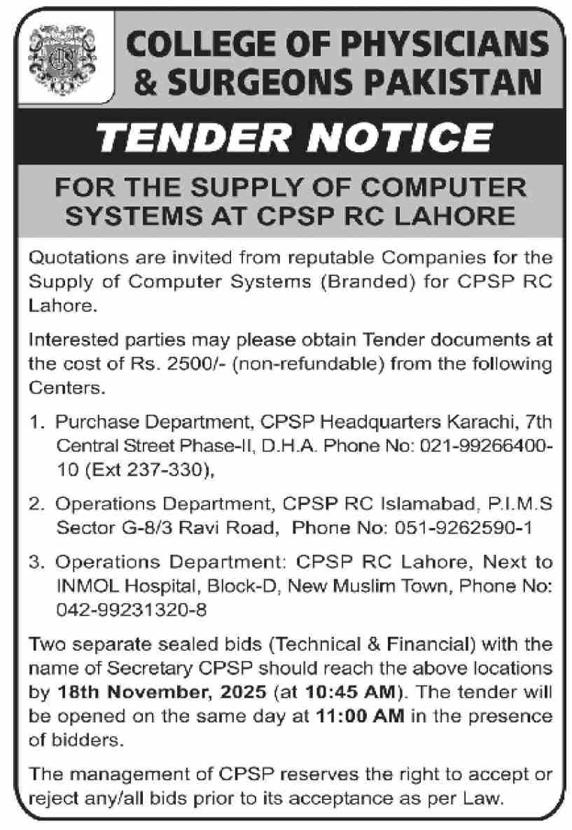 College of Physician & Surgeon Pakistan Tender Notice